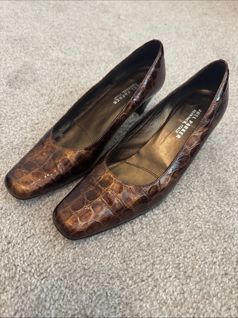 Joel Parker Brown Croc-Embossed Leather Mid Heels from Florence Italy